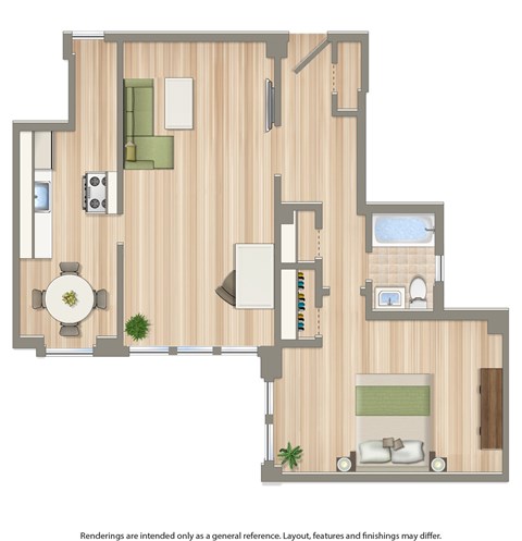 Floor plan for 1 bed, 1 bath, 797 sqft